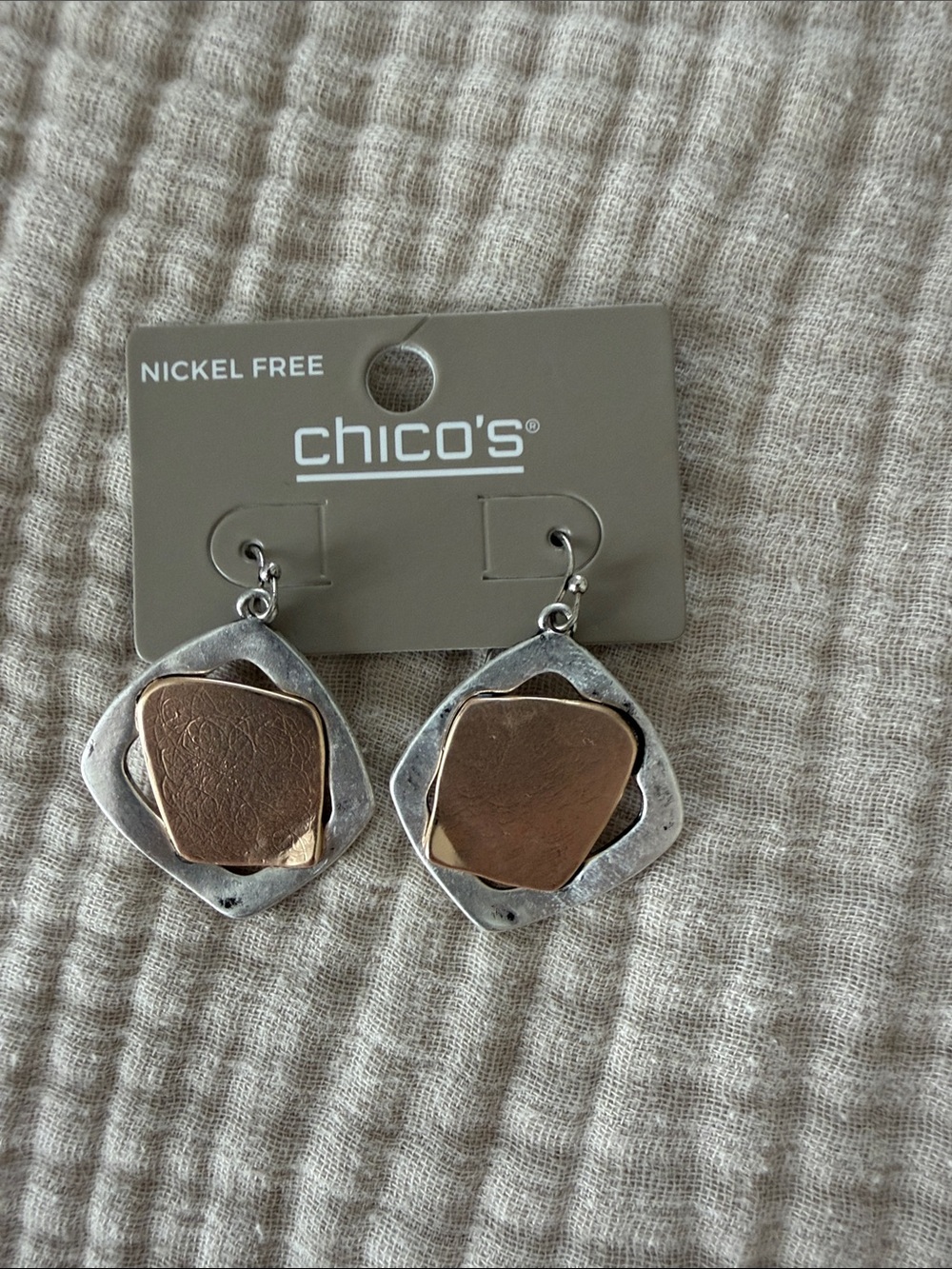 NEW! Chico's Two-Tone Silver and Rose Gold Geometric Dangle Earrings